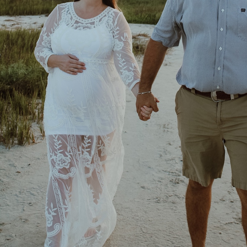 White dress (maternity, baby shower, bridal shower, engagement, or wedding)